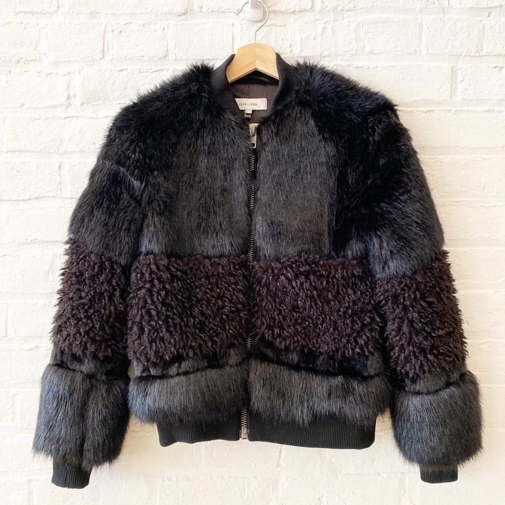 John + Jenn || Amy Faux Fur Bomber Jacket Mixed Texture‎ Black XS